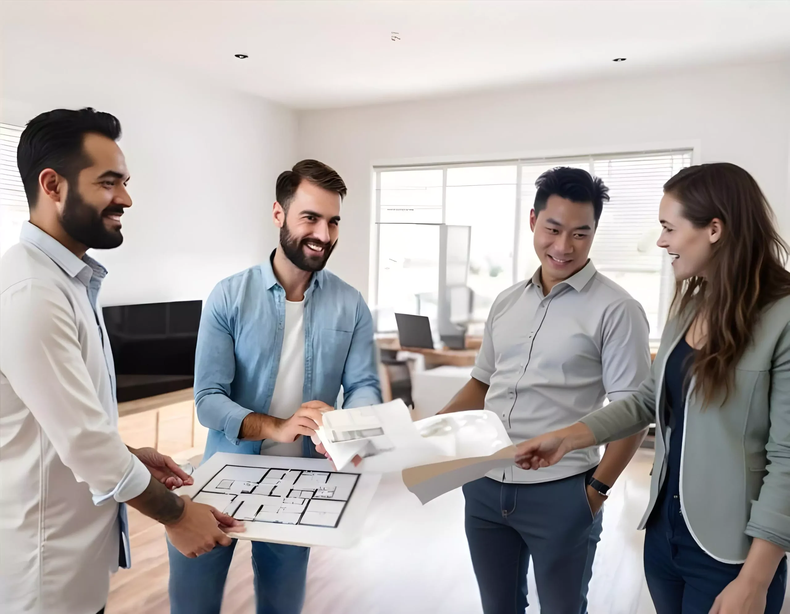 A group of four professionals in a bright, modern office discussing architectural plans, with two holding blueprints and others engaged in conversation, smiling and collaborative.